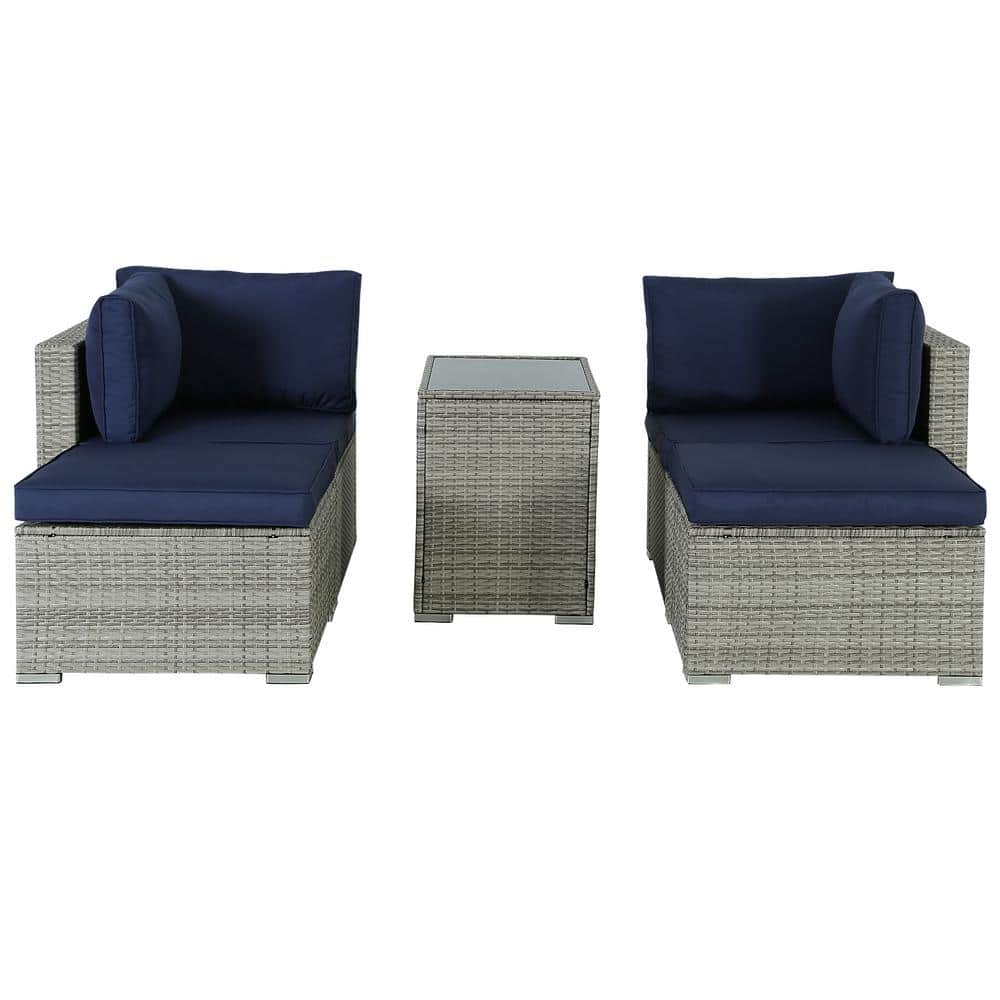 Gray 5-Piece PatioRattan Outdoor Sofa with Coffee Table and Blue Cushions S