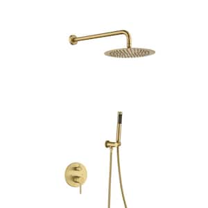 Single Handle 2-Spray Shower Faucet 1.5 GPM with Drip Free with in Brushed Gold Rainfall 10 in. Round Shower Head