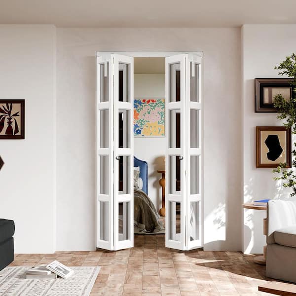 TENONER 48 in. x 80 in. 4 Lite Mirrored Glass Solid Core White PVC Covering MDF Bi-fold Door with Locks and Handles