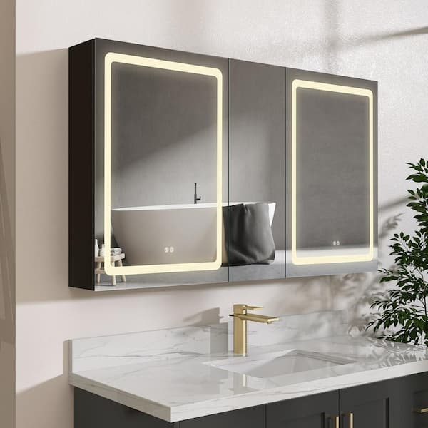 NTQ Jynic 50 in. W x 30 in. H Modern Rectangular Black Aluminum Surface Mount Bathroom LED Medicine Cabinet with Mirror