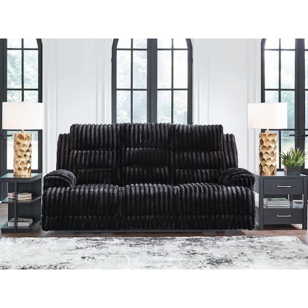 Higgesbee 91 in. Pillow Top Arm Polyester Rectangle Power Reclining Sofa with Drop Down Table and Cup Holder in Black