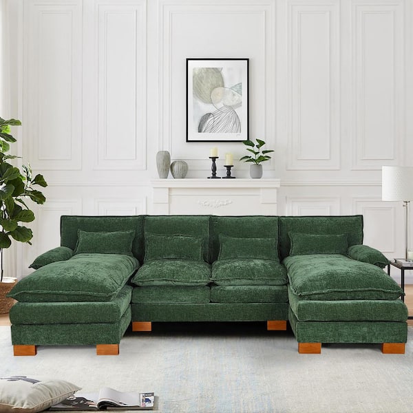 WONDER COMFORT Luxurious 112.6'' Pillows Armrests 3-Piece U-Shaped Chenille Modular Sectional Sofa Couch with Chaises in. Green