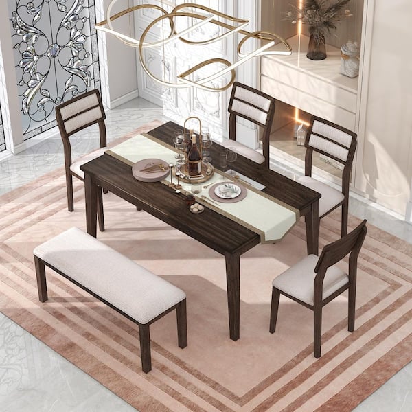 Harper & Bright Designs Classic 6-Piece Rectangle Espresso MDF Top Dining Set with 4 Upholstered Chairs and Bench
