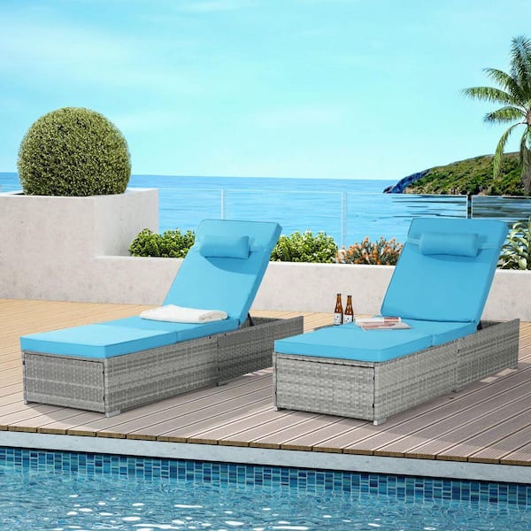 Gray Wicker Outdoor Chaise Lounge with Blue Cushions and Adjustable Backrest for Poolside Backyard Garden (Set of 2)