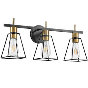 22 in. 3-Light Black and Gold Vanity-Light with Metal Cage Shade Rustic Farmhouse Bathroom-Light Fixture