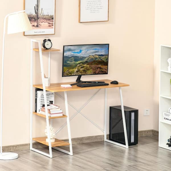 Small Office Table Movable Computer Desk w/ Wood Shelves Workstation Study Desks 