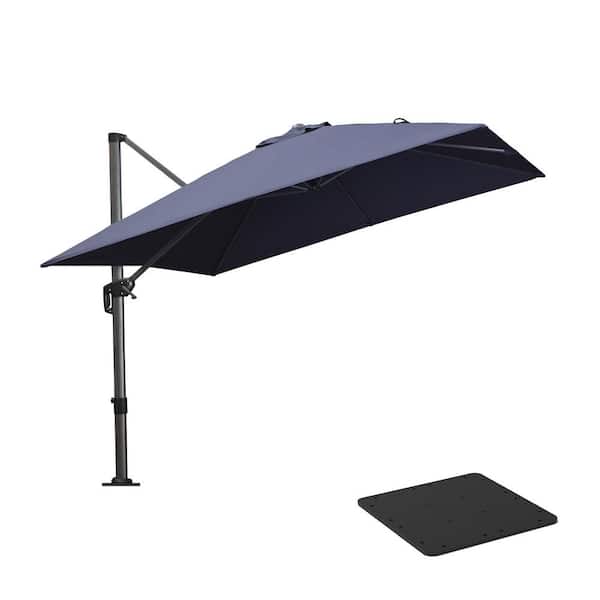 PURPLE LEAF 10 ft. Square Aluminum Outdoor Patio Cantilever Umbrella 360-Degree Rotation Umbrella with Base Plate, Navy Blue