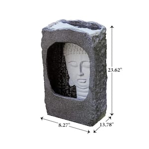 23 in H Free Standing Buddha Face Waterfall Fountain with LED and Auto Shut Off Pump, Relaxing Zen Decor, Grey and White