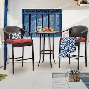 3-Piece Wicker Circular table 28 in. H Outdoor Bistro Set with Red Cushions