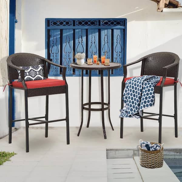 JUSKYS 3-Piece Wicker Circular table 28 in. H Outdoor Bistro Set with Red Cushions