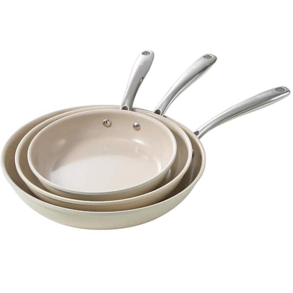 Ceramic Nonstick Frying Pan Skillet Set PFAS PTFE PFOA Free Stay Cool Handle Dishwasher Oven Safe Beige White 3- Pack