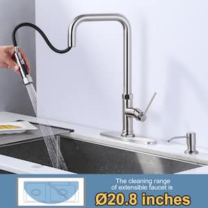 Brass Single Handle Pull Down Sprayer Kitchen Faucet with Soap Dispenser in Brushed Nickel