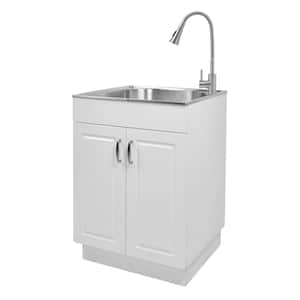 24 in. W x 21 in. D x 34 in. L Stainless Steel Laundry/Utility Sink with Faucet and Cabinet in White