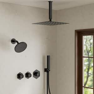 Thermostatic Valve 5-Spray 12 and 6 in. Shower Faucet 2.5 GPM with 2-Function Handheld Shower in Matte Black