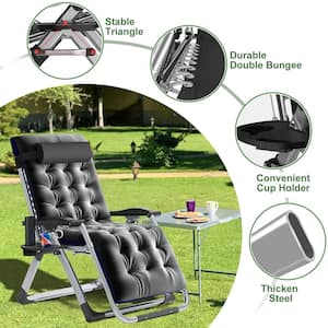 Folding Zero Gravity Metal Frame Recliner Outdoor Lounge Chair With Side Tray, Adjustable Headrest, Blue Cushion