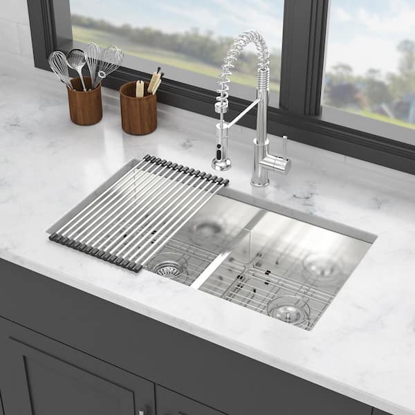 Lindra 36 in. L x 19 in. W Undermount Double Bowl Stainless Steel Kitchen Sink with Grid and Strainer