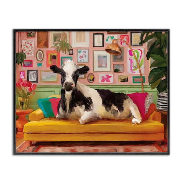 Stupell Industries Cow in Whimsical Maximalist House by Kamdon Kreations Black Framed Animal Giclee Art Print 11 in. x 14 in.