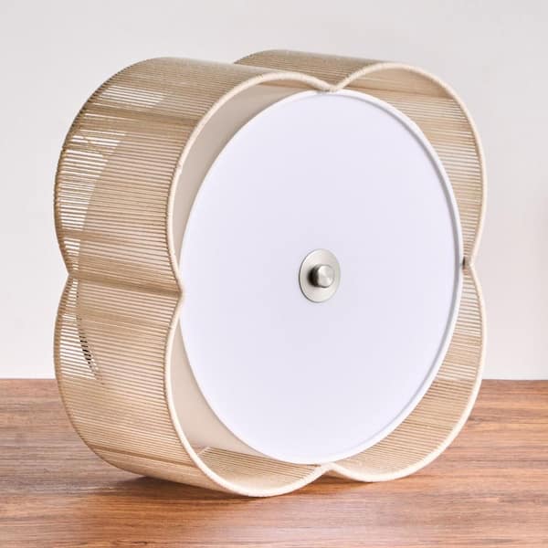 13 in. 3-Light Brushed Nickel Natural Rattan Semi-Flush Mount Ceiling Light with Petal Shade