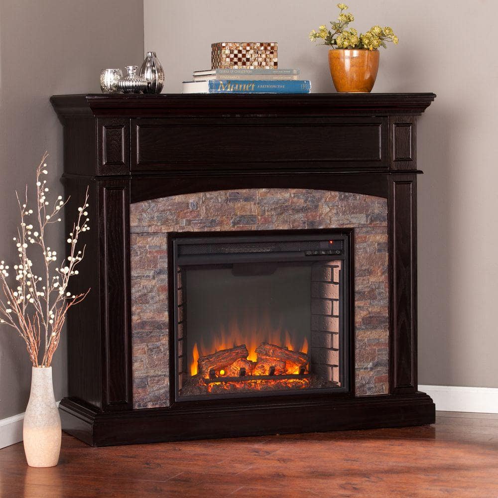 Southern Enterprises Newburgh 45.5 in. W Faux Stone Corner Electric Media Fireplace in Ebony -  HD90138