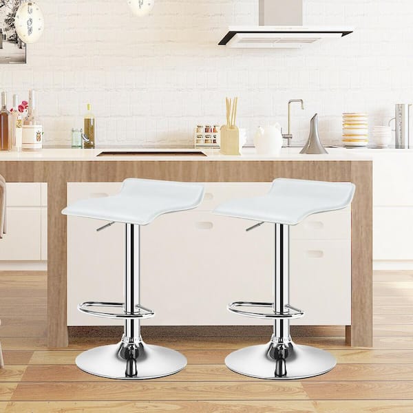 33.5 in. 2-Piece White PU Leather Adjustable Backless Swivel Bar Stools
