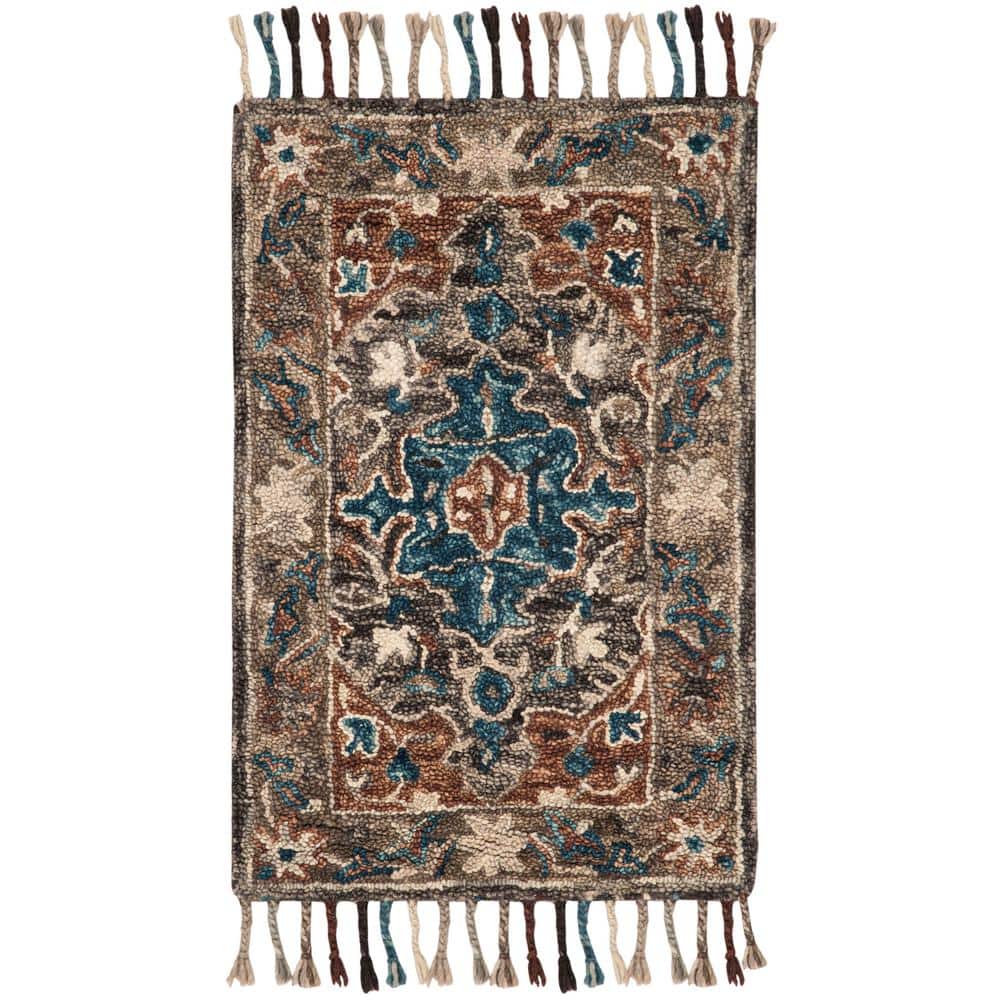 Handmade Blue Floral Wool Tufted Area Rug 27" x 5"