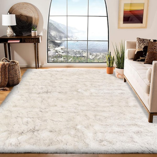 iliebe White/Gray 9 ft. x 12 ft. Sheepskin Faux Furry Cozy Area