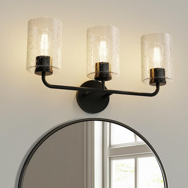 21 in. 3-Light Matte Cylinder Black Vanity Light with Clear Glass Shade Dimmable for Bathroom