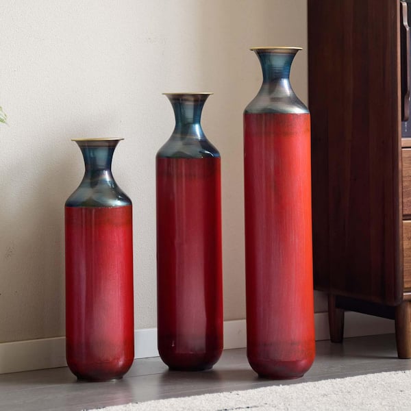 20 in./24 in./28 in. 3-Piece Red Metal Cylinder Shaped Floor Vase