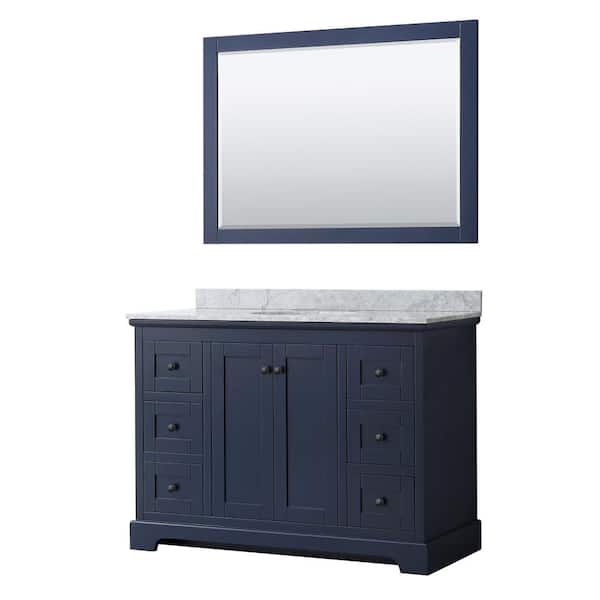Wyndham Collection Avery 48 in. W x 22 in. D x 35 in. H Single Bath Vanity in Dark Blue with White Carrara Marble Top and 46 in. Mirror