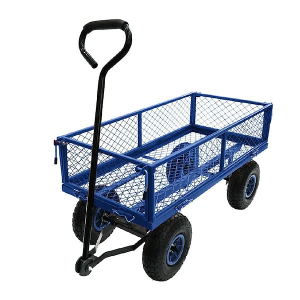 Unbranded 3 cu. ft. Steel Mesh Garden Cart with Removable Sides, 10 in. Wheels and 180° Rotating Handle for Garden and Yard, Blue