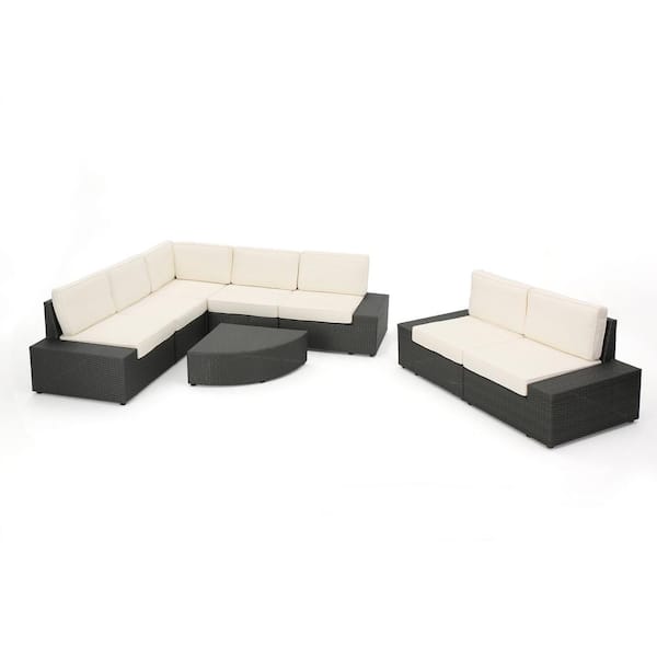 Noble House Eduardo Grey 8-Piece Wicker Outdoor Sectional Set with White Cushions