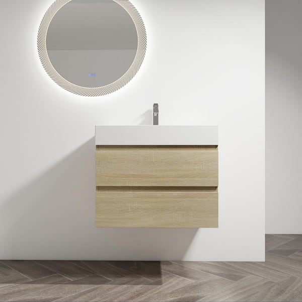 Unbranded 30 in. W x 18 in. D x 24 in. H Single Sink Wall-Mounted Bath Vanity in Light Oak with White Cultured Marble Top