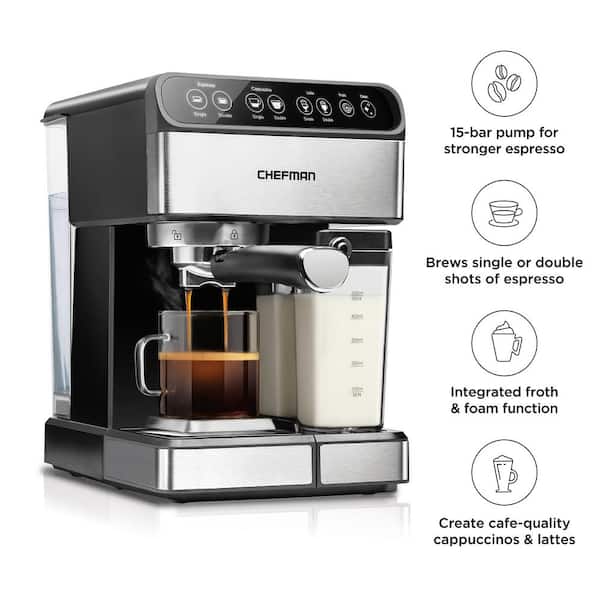 Chefman 7.6 Cup Brew Single and Double Shot Stainless Steel 6-in-1 Espresso  Machine 15-Bar Pump Built-In Milk Froth Coffee Maker RJ54 - The Home Depot