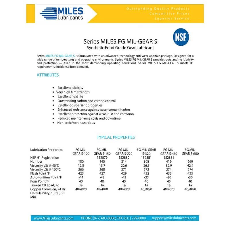 Miles Fg Mil Gear S 68-Full Synthethic Pao Based-Food Grade Gear Oil 5 Gal. Pail