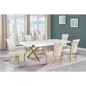Miguel 7-Piece Rectangle White Wood Top Gold Stainless Steel Dining Set with 6 Cream Velvet Chairs