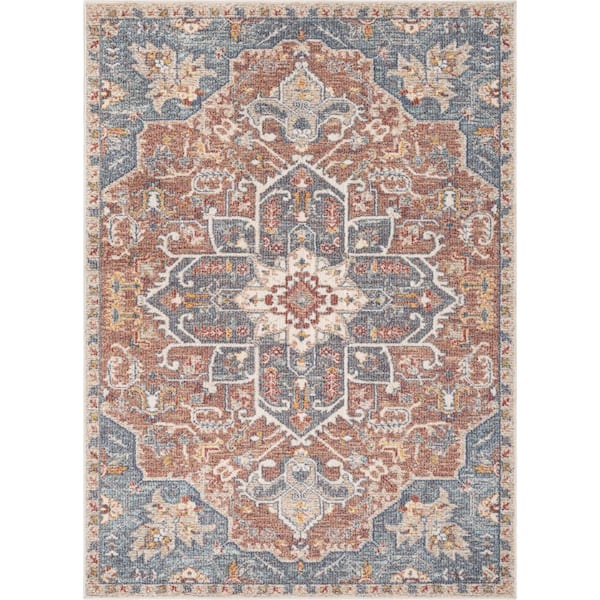 Well Woven Miro Amiens Blue Red Rust 7 ft. 10 in. x 9 ft. 10 in. Vintage Bohemian Medallion Oriental Botanical Area Rug