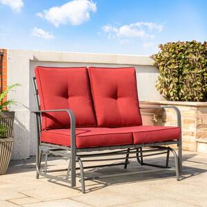 Metal Outdoor Patio Loveseat Glider Chair in Red Cushion