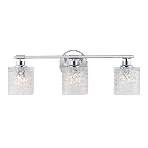 Spaulding Vintage 22 in. 3-Light Iron/Chevron Pattern Glass Farmhouse Cottage LED Chrome Vanity Light