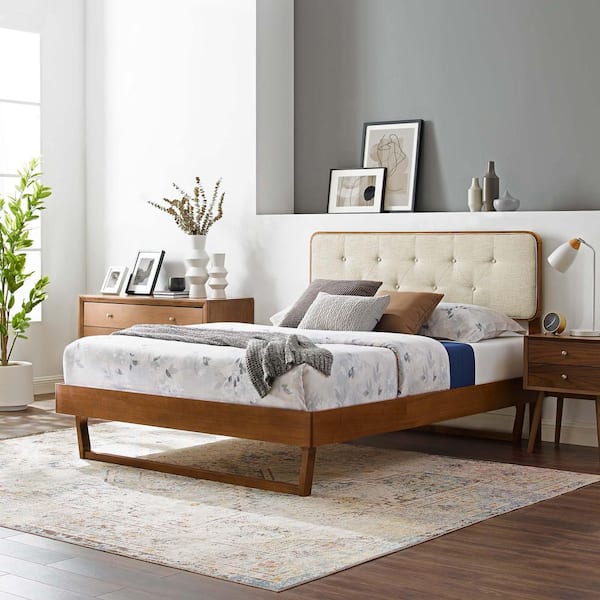 MODWAY Bridgette Beige Wood Frame King Platform Bed with Angular Frame