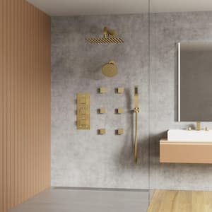 Thermostatic Triple Handles 8-Spray Dual Shower Head Shower Faucet with 6-Jets in Brushed Gold (Valve Included)