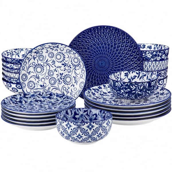 24-Piece Blue Porcelain Dinnerware Sets, Plates and Bowls Set, Microwave and Dishwasher Safe