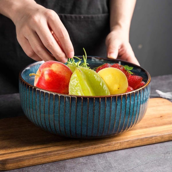1pc Porcelain Round Serving Bowl Blue Decorative Bowl for Salad