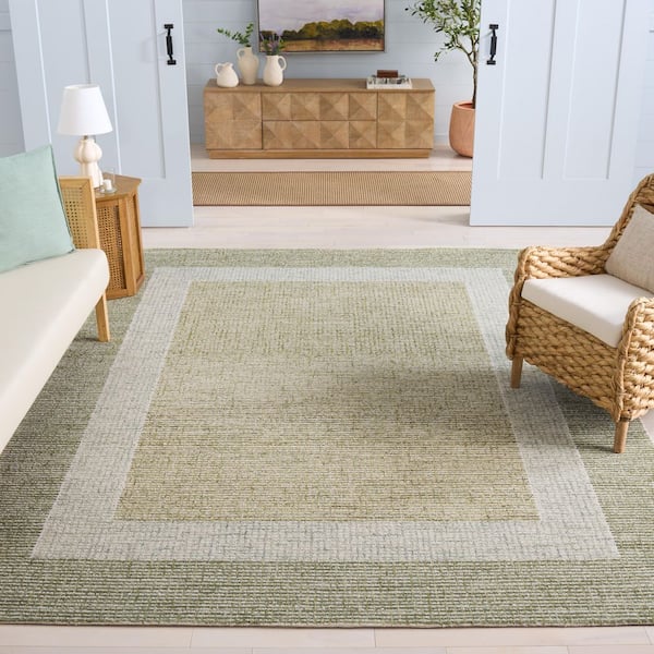 Pine 8 ft. x 10 ft. Green/Ivory Minimalist Border Area Rug