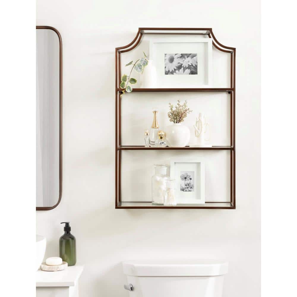Bronze Metal Geometric Wall Shelf with Glass Tiers