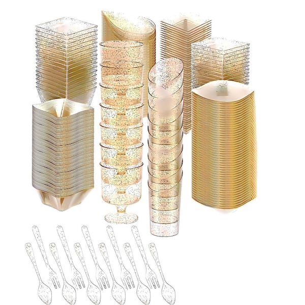400-Piece Dessert Cups Cake Stand, 1-Tier Plastic Parfait Cups Disposable Spoon Forks for Party Serving, Gold