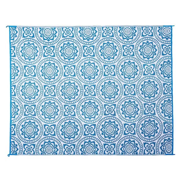 Reversible Mats Boho Floral Reversible Mat Turquoise/White 8' x 10' Virgin Polypropylene Mat with UV Protection