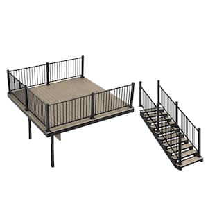 Apex Attached 12 ft. x 12 ft. Artic Birch PVC Deck Kit and 10-Step Stair Kit with Steel Framing and Aluminum Railing