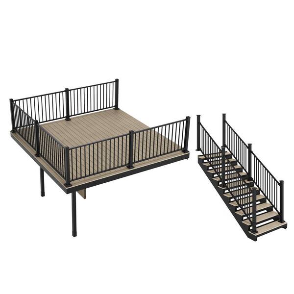 FORTRESS Apex Attached 12 ft. x 12 ft. Artic Birch PVC Deck Kit and 3-Step Stair Kit with Steel Framing and Aluminum Railing