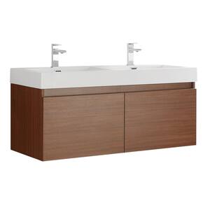 Mezzo 48 in. Modern Wall Hung Bath Vanity in Teak with Double Vanity Top in White with White Basins