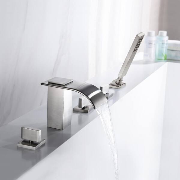 Sumrain Wasserfall-Badewannenarmatur Mit Handbrause – Gebürstetes Nickel, 3-Loch Deckmontage, Einhebel, Hoher Durchfluss